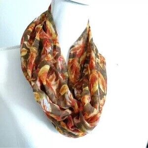Lavello Nature's Mosaic Infinity Scarf Leaves Leaf Print Circle Loop Red Yellow